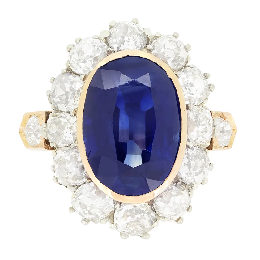 Edwardian 4.80ct Sapphire and Diamond Cluster Ring, c.1910s