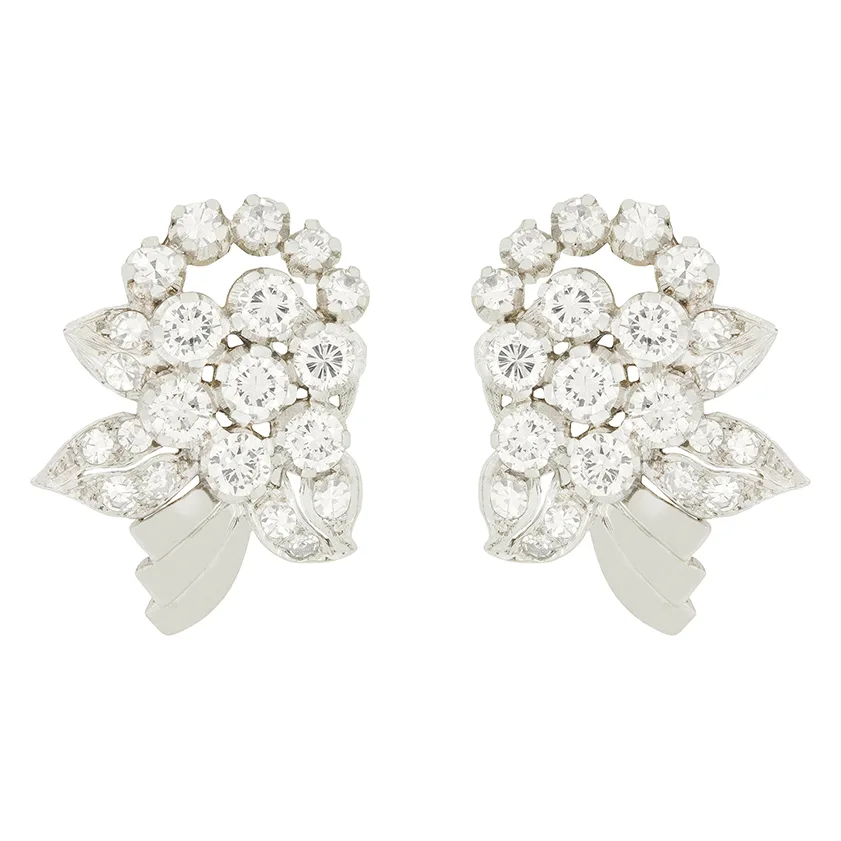 Late Deco 3.30ct Diamond Cluster Earrings, c.1940s