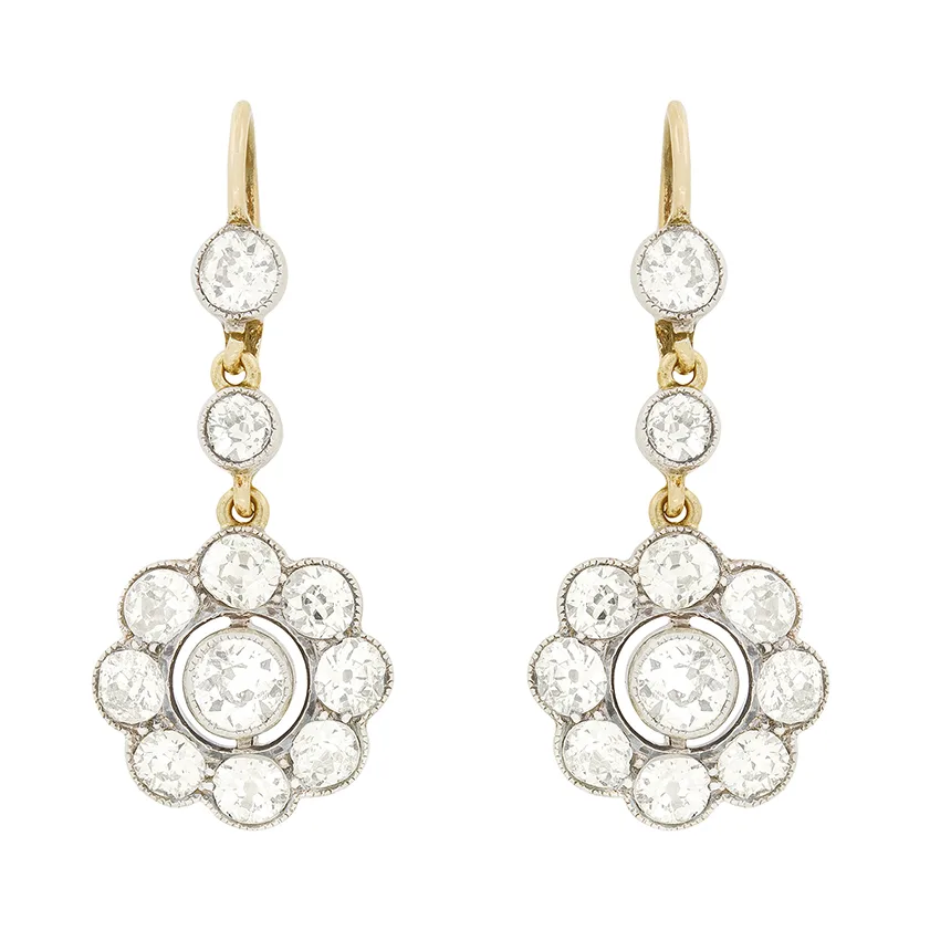 Edwardian 3.30ct Diamond Daisy Drop Earrings, c.1910s