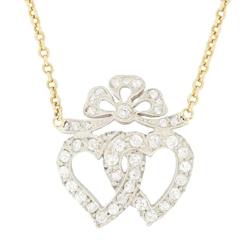 Victorian 1.20ct Diamond Double Heart Necklace, c.1880s