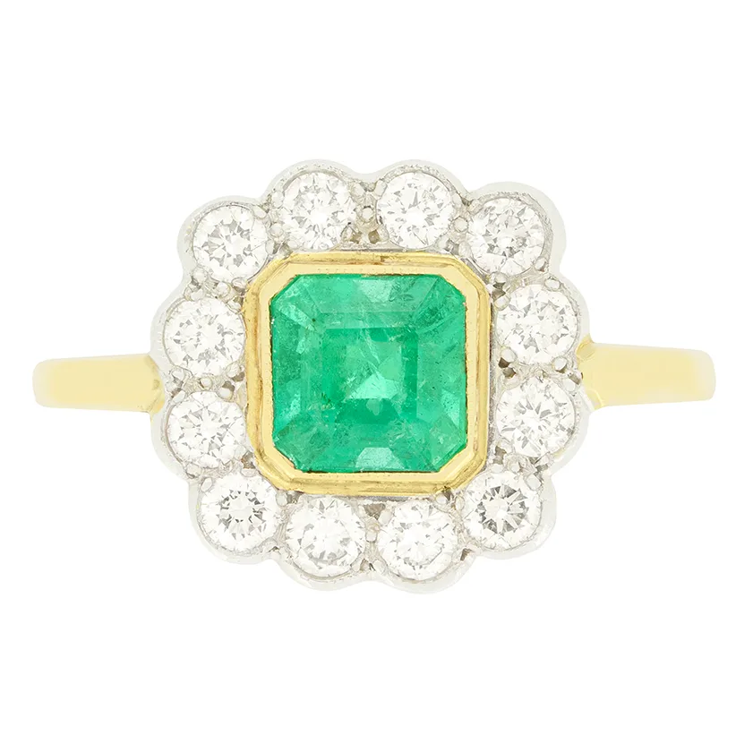 Vintage 1.25ct Emerald and Diamond Cluster Ring, c.1970s