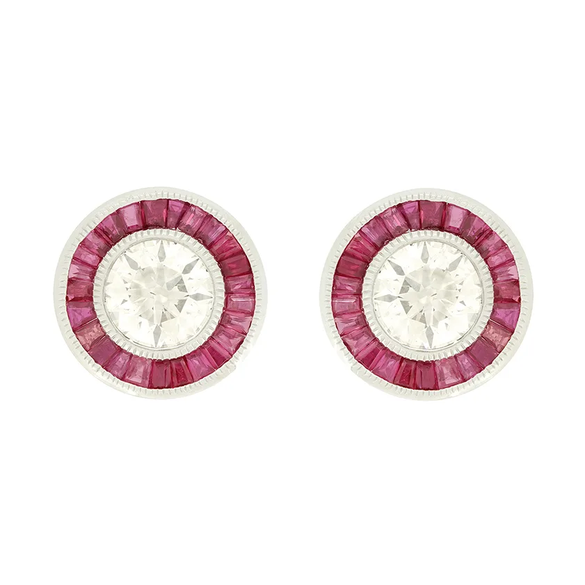 Vintage 3.00ct Diamond and Ruby Target Earrings, c.1950s