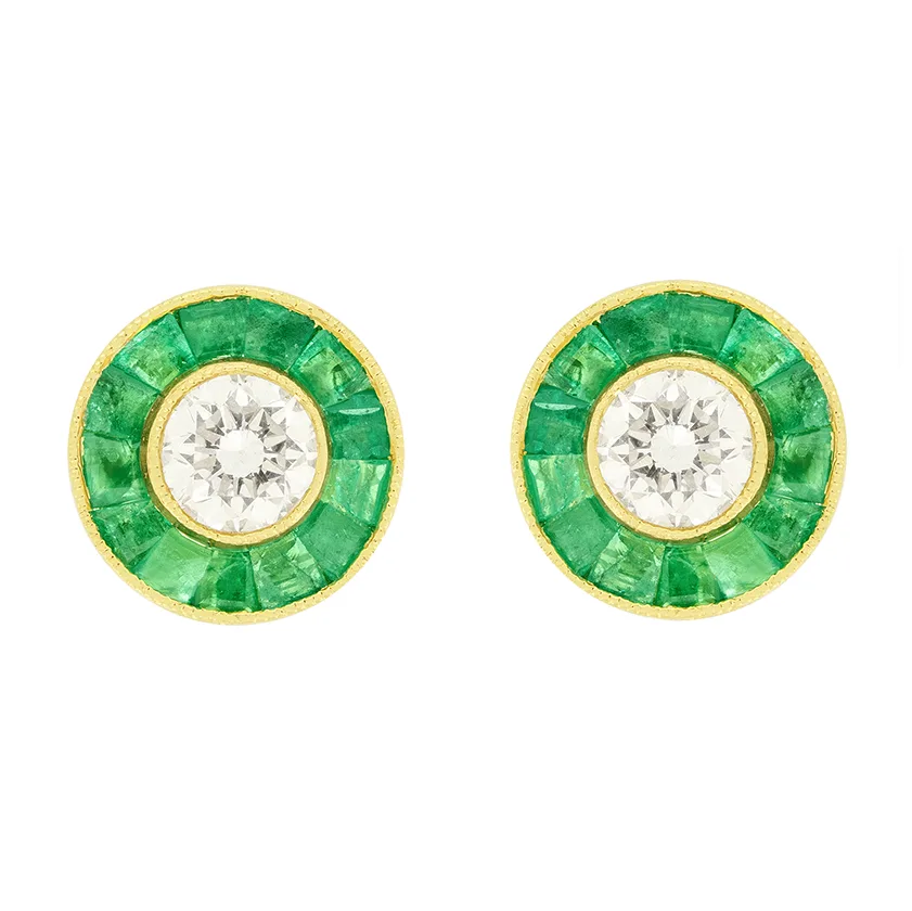 Vintage 0.50ct Diamond and Emerald Target Earrings, c.1980s