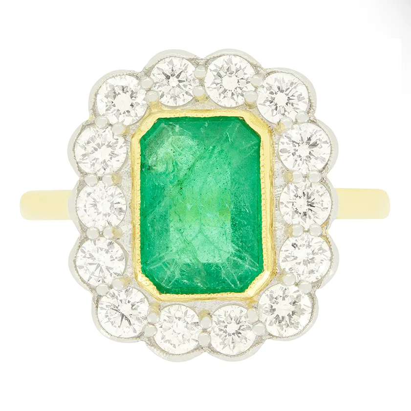 Vintage 1.85ct Emerald and Diamond Cluster Ring, c.1970s
