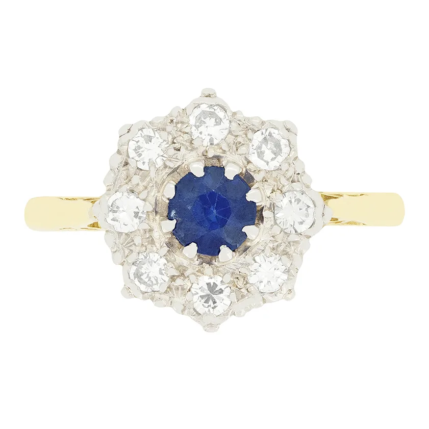 Late Deco 0.40ct Sapphire and Diamond Cluster Ring, c.1940s