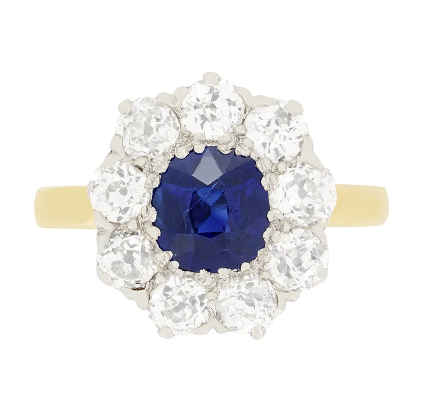 Edwardian 1.00ct Sapphire and Diamond Cluster Ring, c.1910s