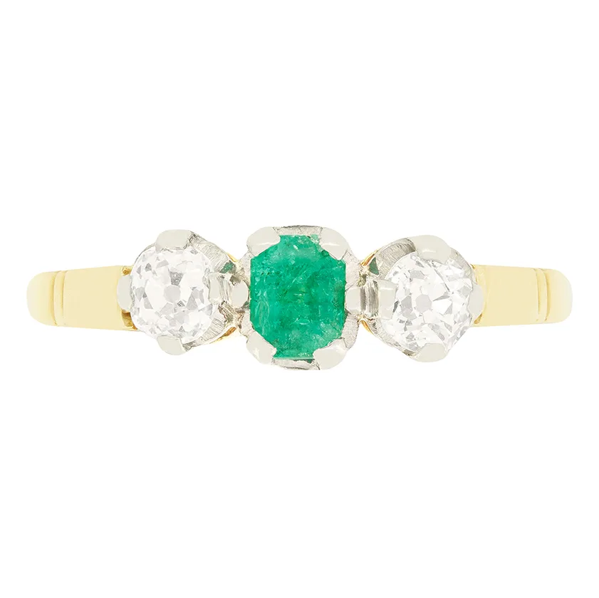 Edwardian 0.30ct Emerald and Diamond Trilogy Ring, c.1910s
