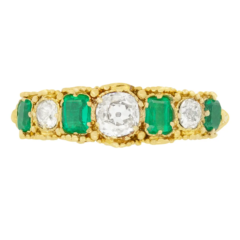 Victorian 0.70ct Diamond and Emerald Seven Stone Ring, c.1860s