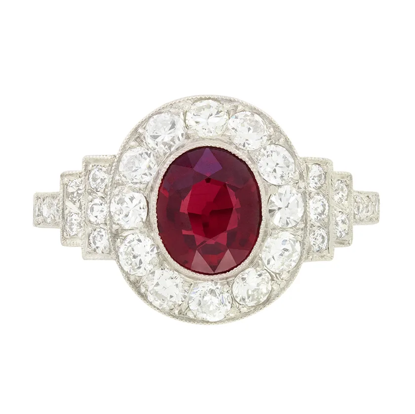 Art Deco 1.10ct Ruby and Diamond Cluster Ring, c.1920s