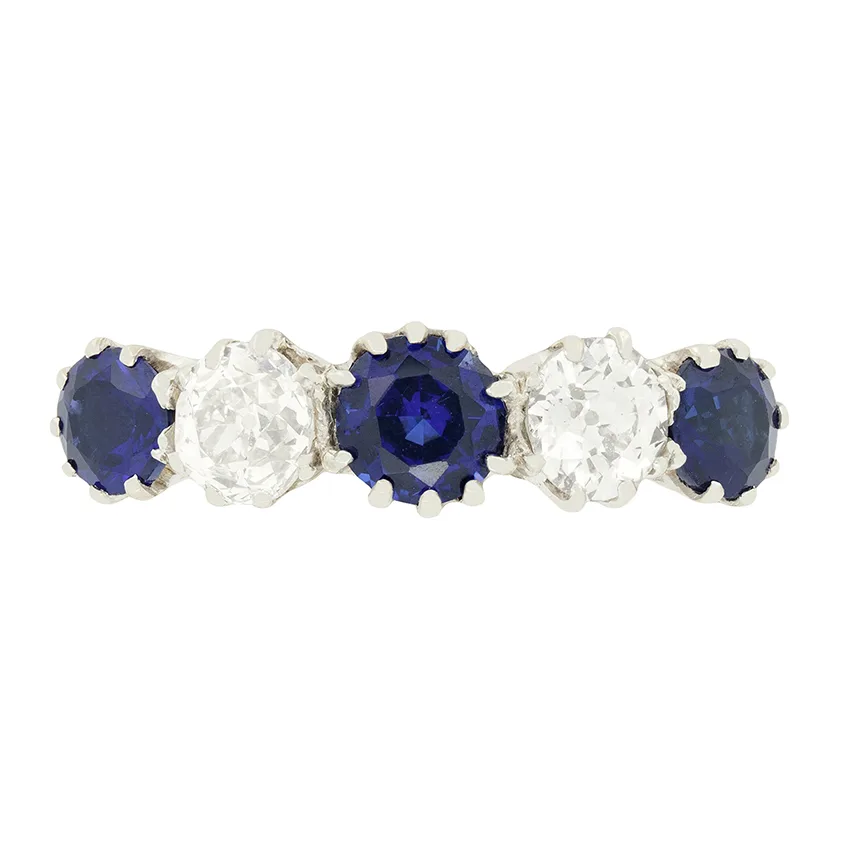 Edwardian 1.30ct Sapphire and Diamond Five Stone Ring, c.1910s