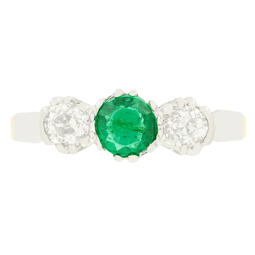 Edwardian 0.40ct Emerald and Diamond Three Stone Ring, c.1910s