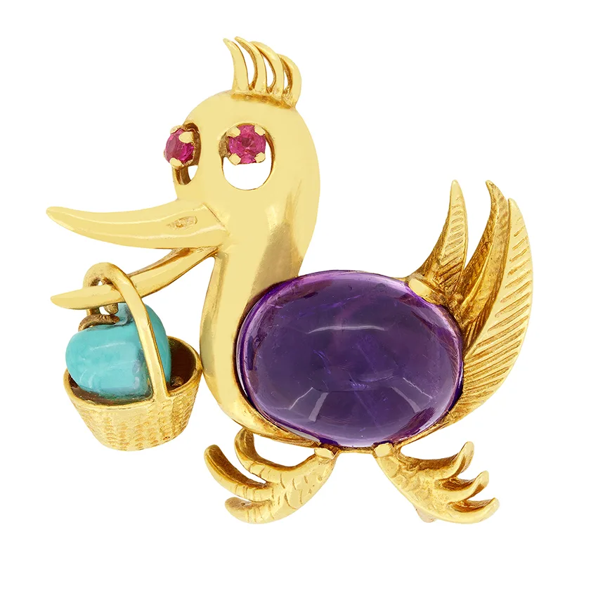 Vintage 7.00ct Amethyst, Turquoise and Ruby Duck brooch, c.1970s