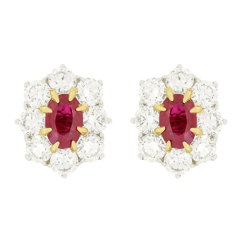 Vintage 1.00ct Ruby and Diamond Cluster Earrings, c.1980s