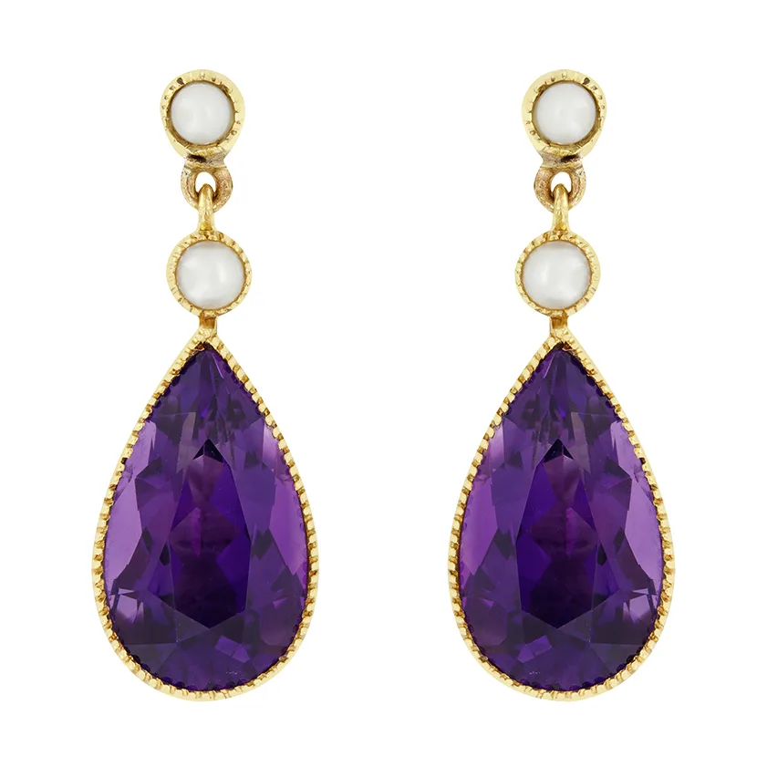 Antique 6.00ct Amethyst and Pearl Drop Earrings, c.1880s