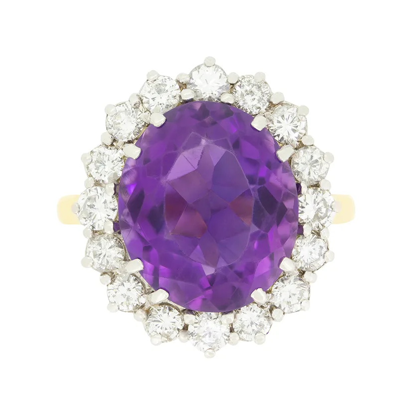 Vintage 7.50ct Amethyst and Diamond Cluster Ring, hallmarked 1994