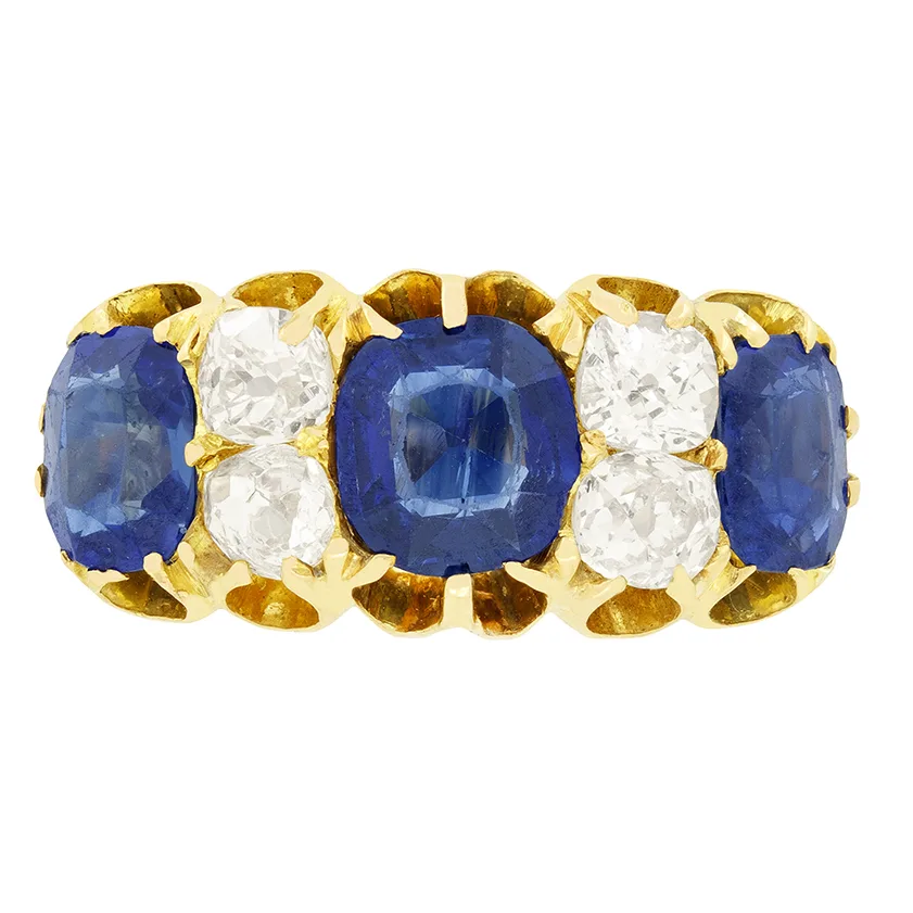Victorian 3.00ct Sapphire and Diamond Five Stone Ring, c.1880s