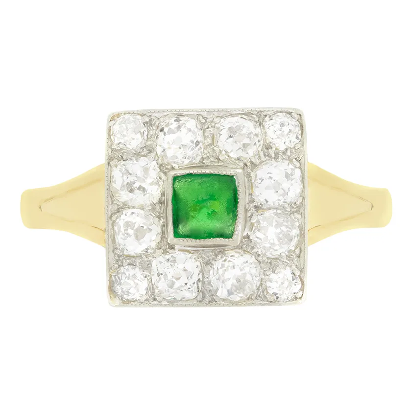Antique 0.25ct Emerald and Diamond Cluster Ring, c.1930s