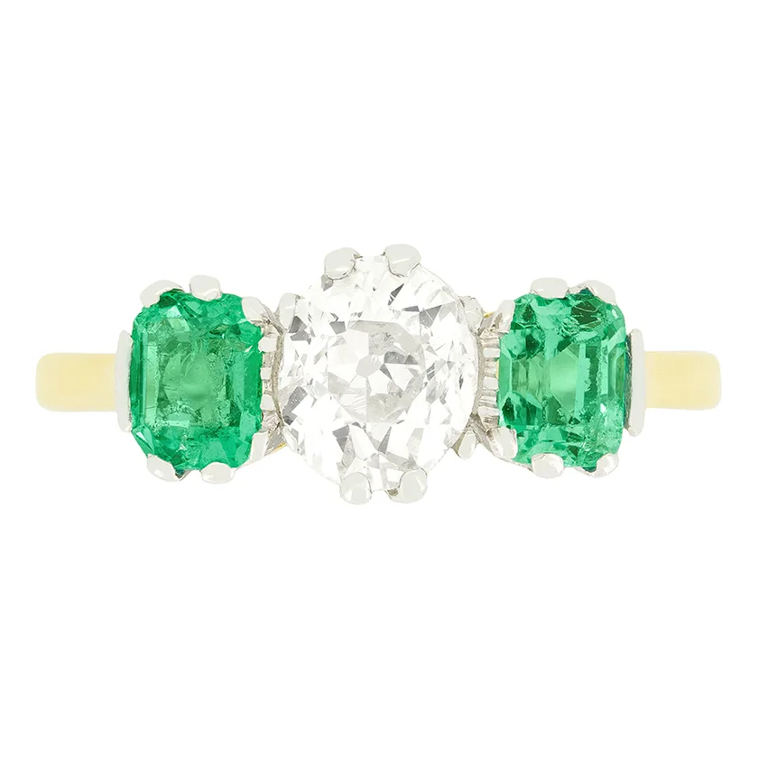 Edwardian 1.00ct Diamond and Emerald Trilogy Ring, c.1910s