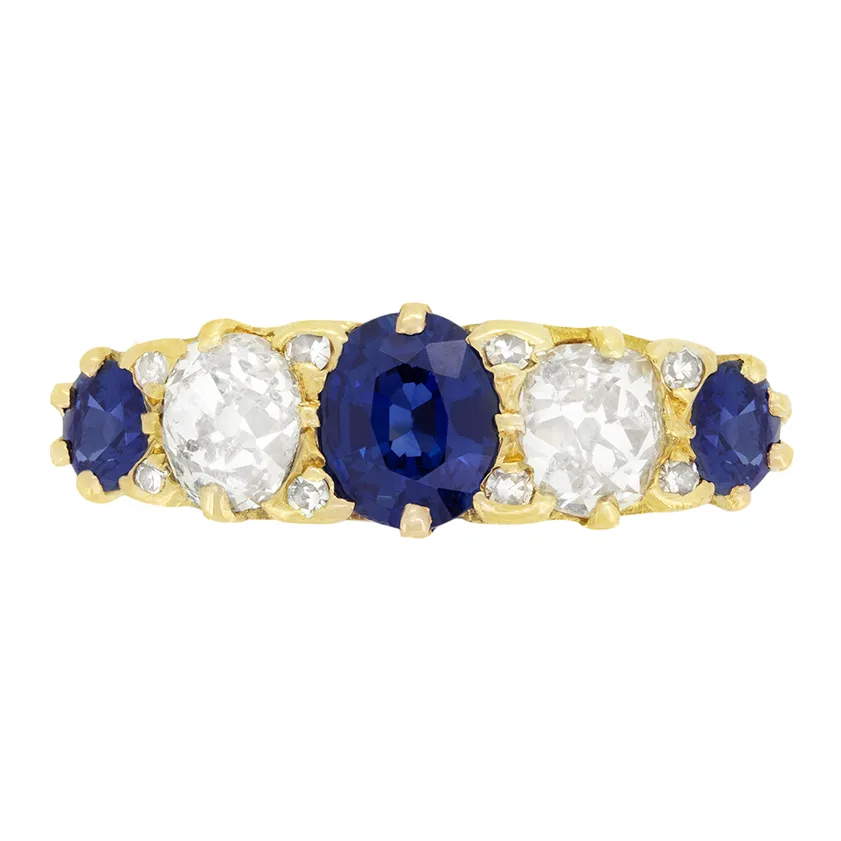 Victorian 1.80ct Sapphire and Diamond Five Stone Ring, c.1880s