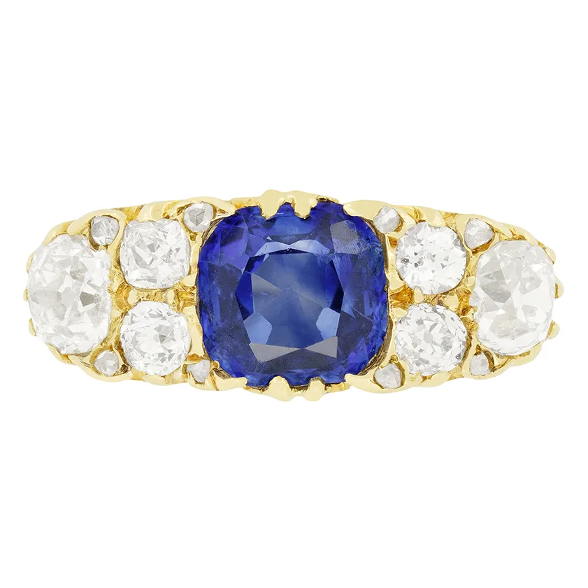 Victorian 2.00ct Sapphire and Diamond Carved Shank Ring, c.1880s