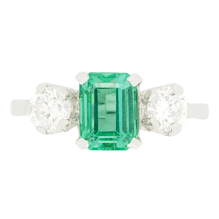 Vintage 1.10ct Emerald and Diamond Three Stone Ring, c.1950s