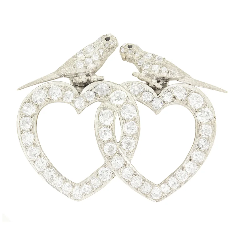 Art Deco 6.70ct Diamond Double Heart Brooch, c.1920s