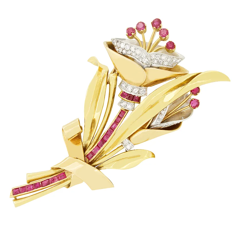 Vintage 2.10ct Ruby and Diamond Flower Brooch, c.1950s