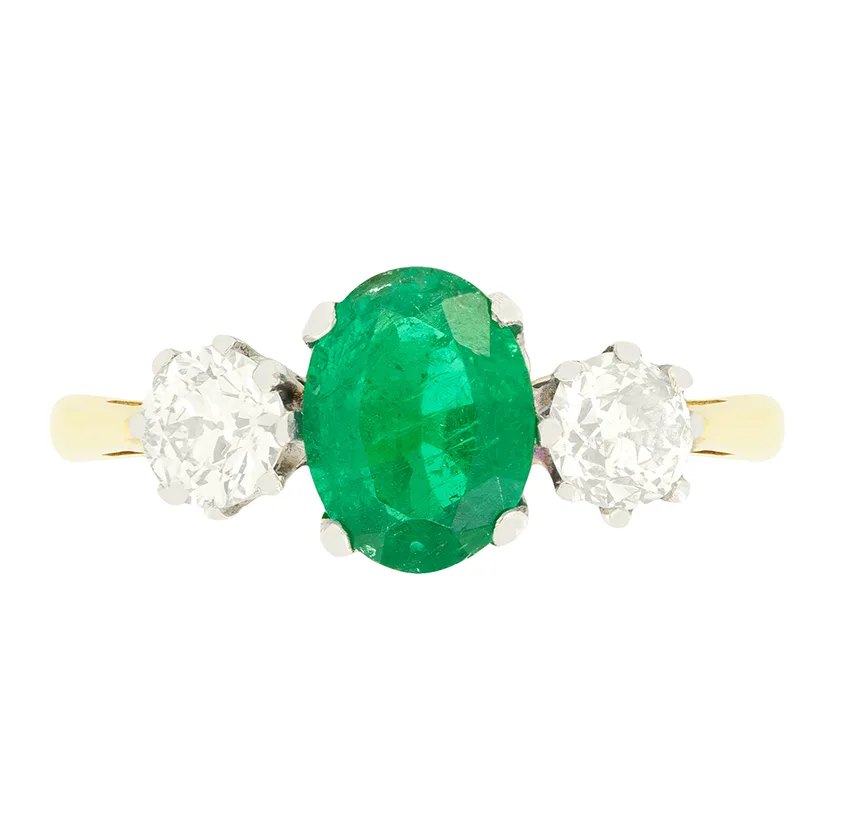 Edwardian 1.20ct Emerald and Diamond Three Stone Ring, c.1910s