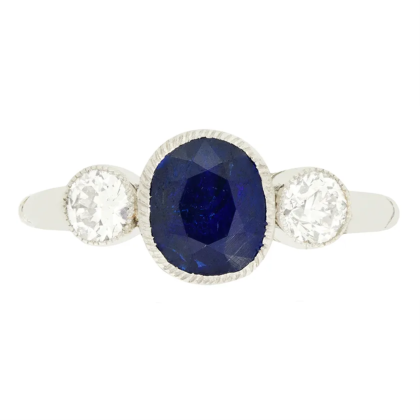 Art Deco 1.90ct Sapphire and Diamond Three Stone Ring, c.1920s