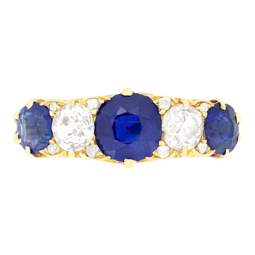 Victorian 2.60ct Sapphire and Diamond Five Stone Ring, c.1896