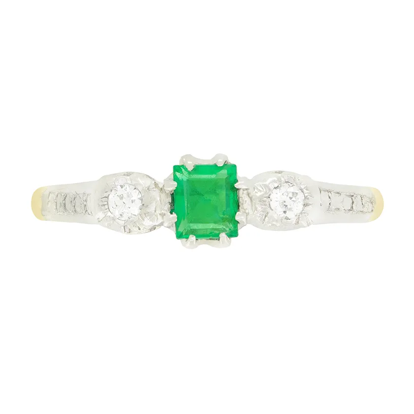 Vintage 0.30ct Emerald and Diamond Trilogy Ring, c.1950s