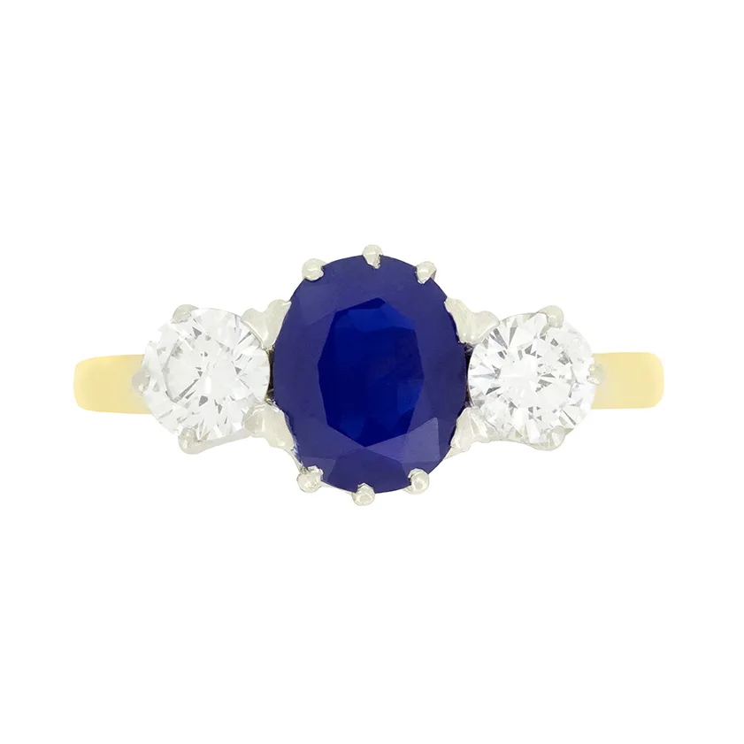 Vintage 1.30ct Sapphire and Diamond Three Stone Ring, c.1950s