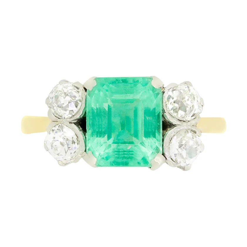Edwardian 2.00ct Emerald and Diamond Five Stone Ring, c.1910s