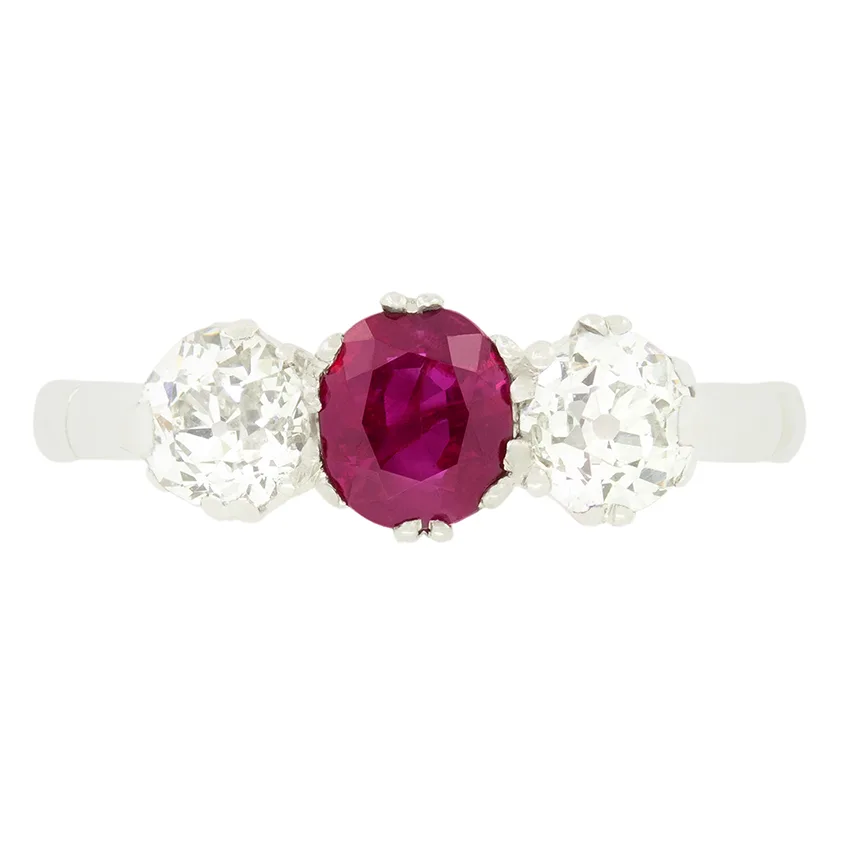 Art Deco 0.75ct Ruby and Diamond Three Stone Ring, c.1920s