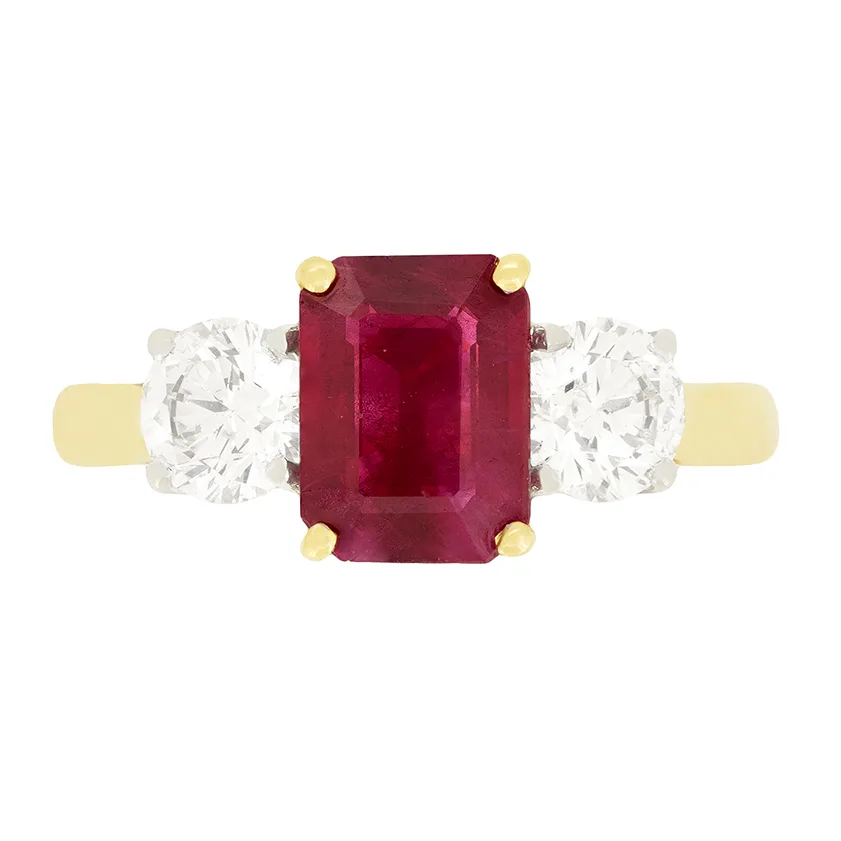Vintage 2.00ct Ruby and Diamond Three Stone Ring, c.1960s