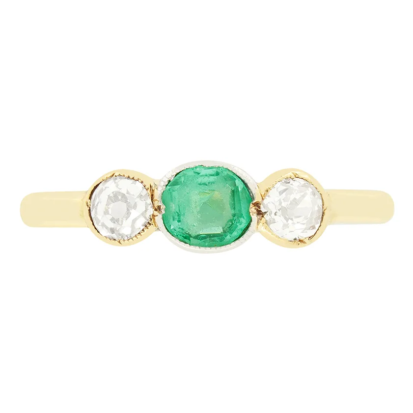 Edwardian 0.35ct Emerald and Diamond Three Stone Ring, c.1910s
