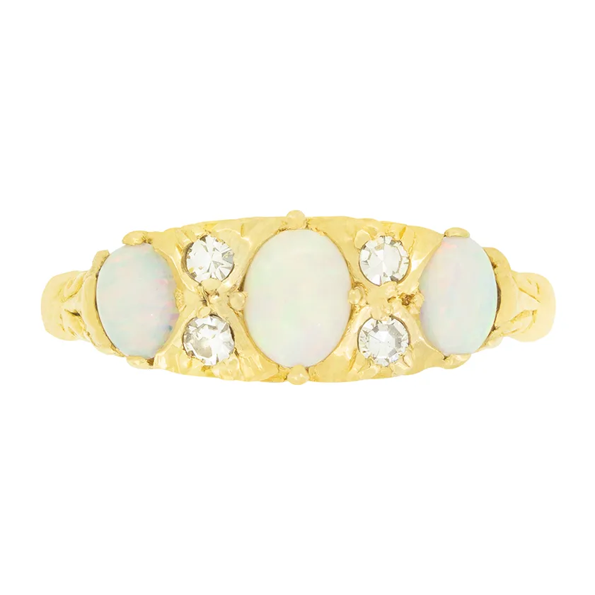 Vintage 0.70ct Opal and Diamond Three Stone Ring, hallmarked1961