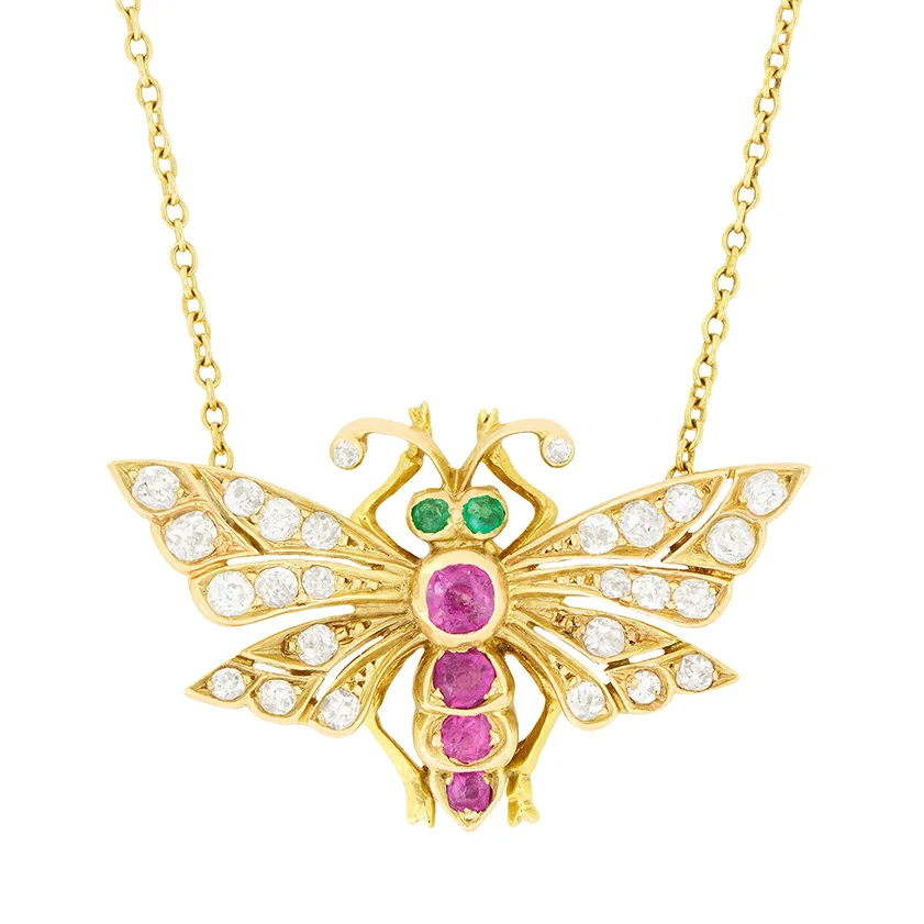 Antique 0.30ct Ruby, Diamond and Emerald Moth Necklace, c.1900s