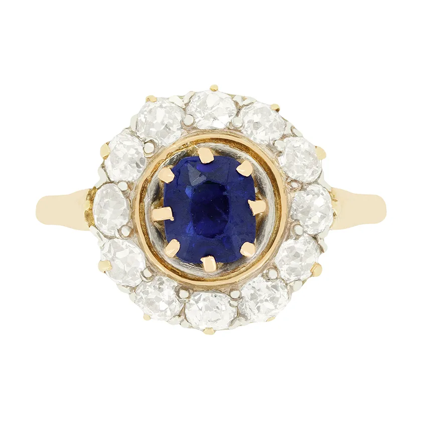 Edwardian 0.80ct Sapphire and Diamond Cluster Ring, c.1910