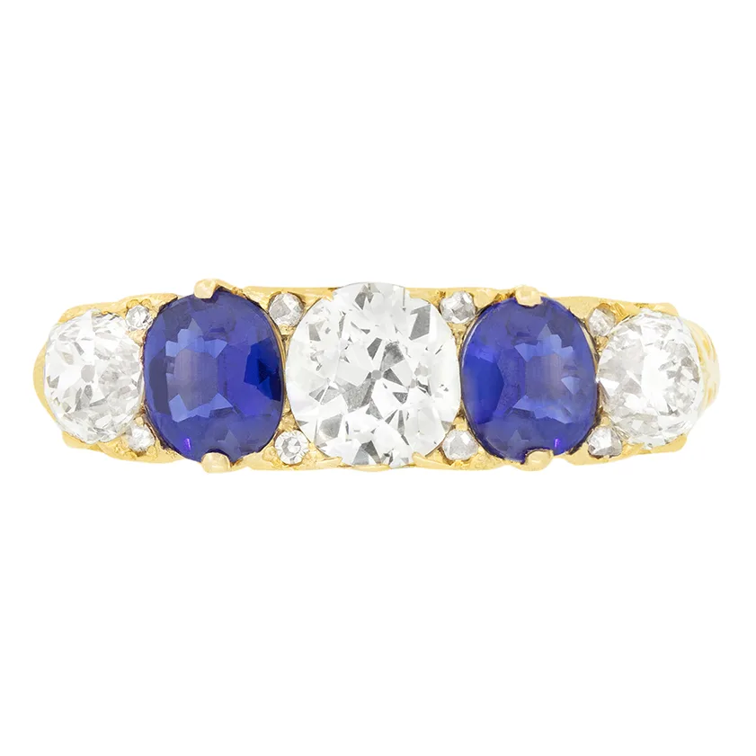 Victorian 1.50ct Diamond and Sapphire Five Stone Ring, c.1880s