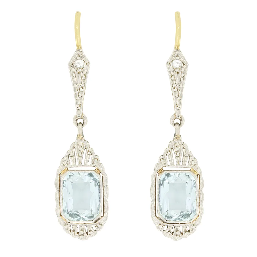 Edwardian 2.00ct Aquamarine and Diamond Drop Earrings, c.1910s