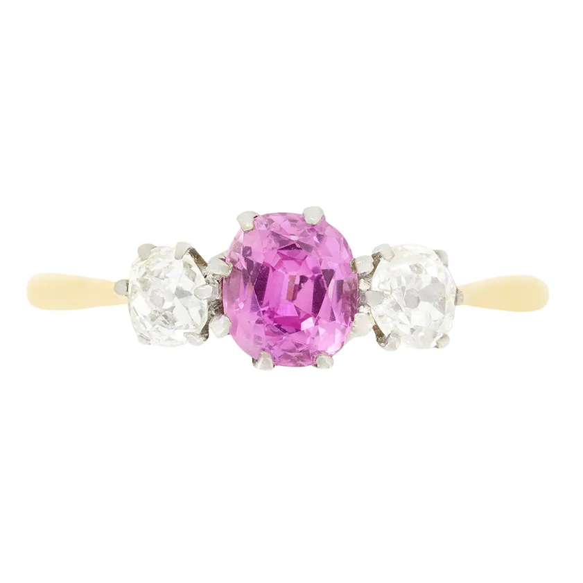 Edwardian 0.90ct Pink Sapphire and Diamond Three Stone Ring, c.1910s