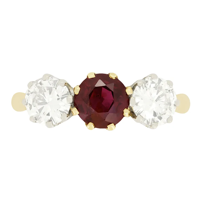 Vintage 0.85ct Ruby and Diamond Three Stone Ring, c.1960s