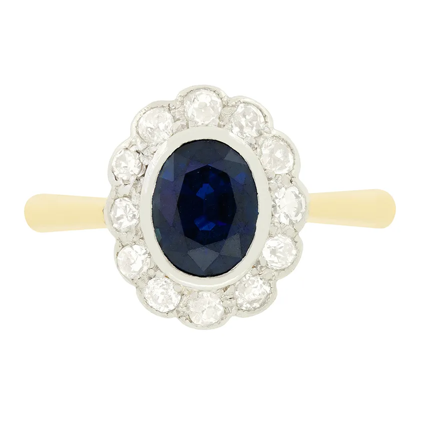 Edwardian 1.25ct Sapphire and Diamond Cluster Ring, c.1910s