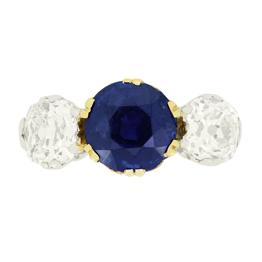 Edwardian 2.20ct Sapphire and Diamond Three Stone Ring, c.1910s