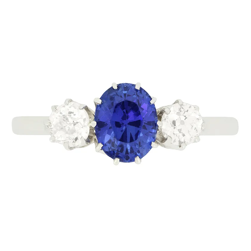Art Deco 1.55ct Sapphire and Diamond Three Stone Ring, c.1920s