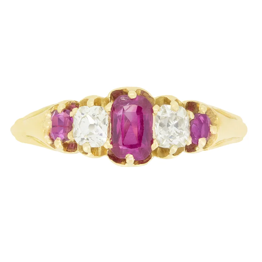 Victorian 0.80 carat Ruby and Diamond Five Stone Ring, c.1880s