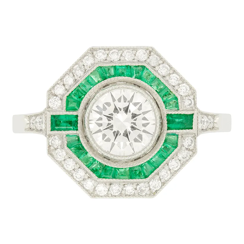 Art Deco Style 0.90ct Diamond and Emerald Target Ring