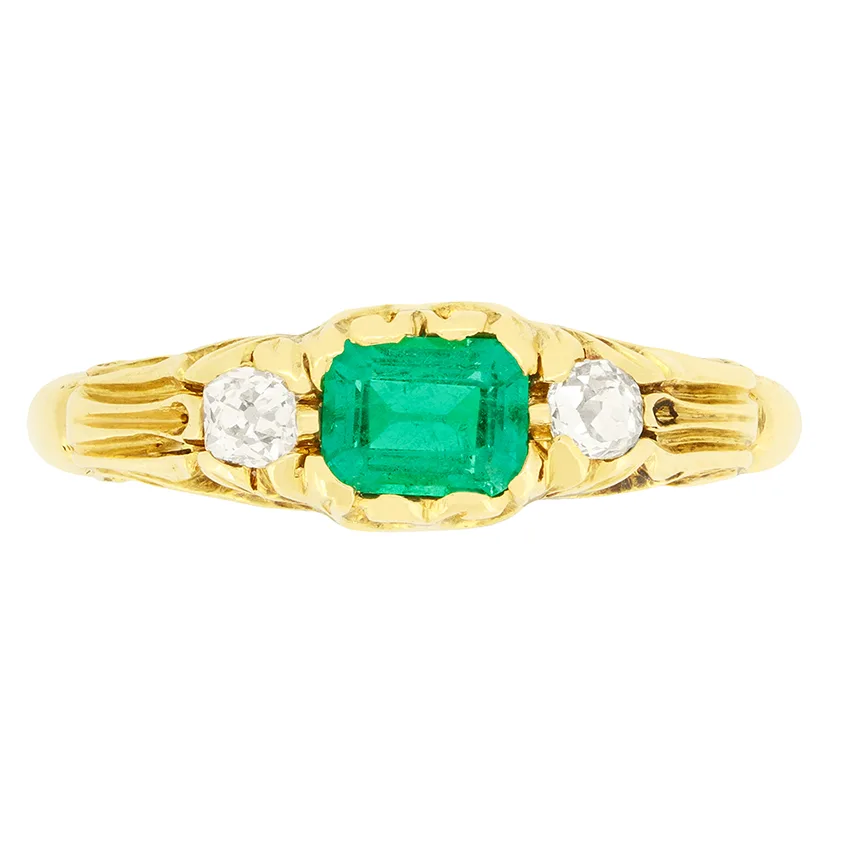 Victorian 0.40ct Emerald and Diamond Three Stone Ring, c.1880s