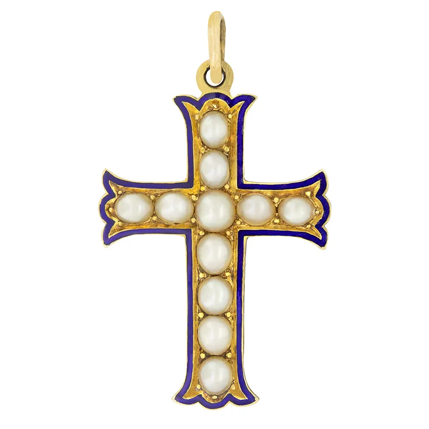 Victorian Pearl and Enamel Cross Pendant, c.1900s